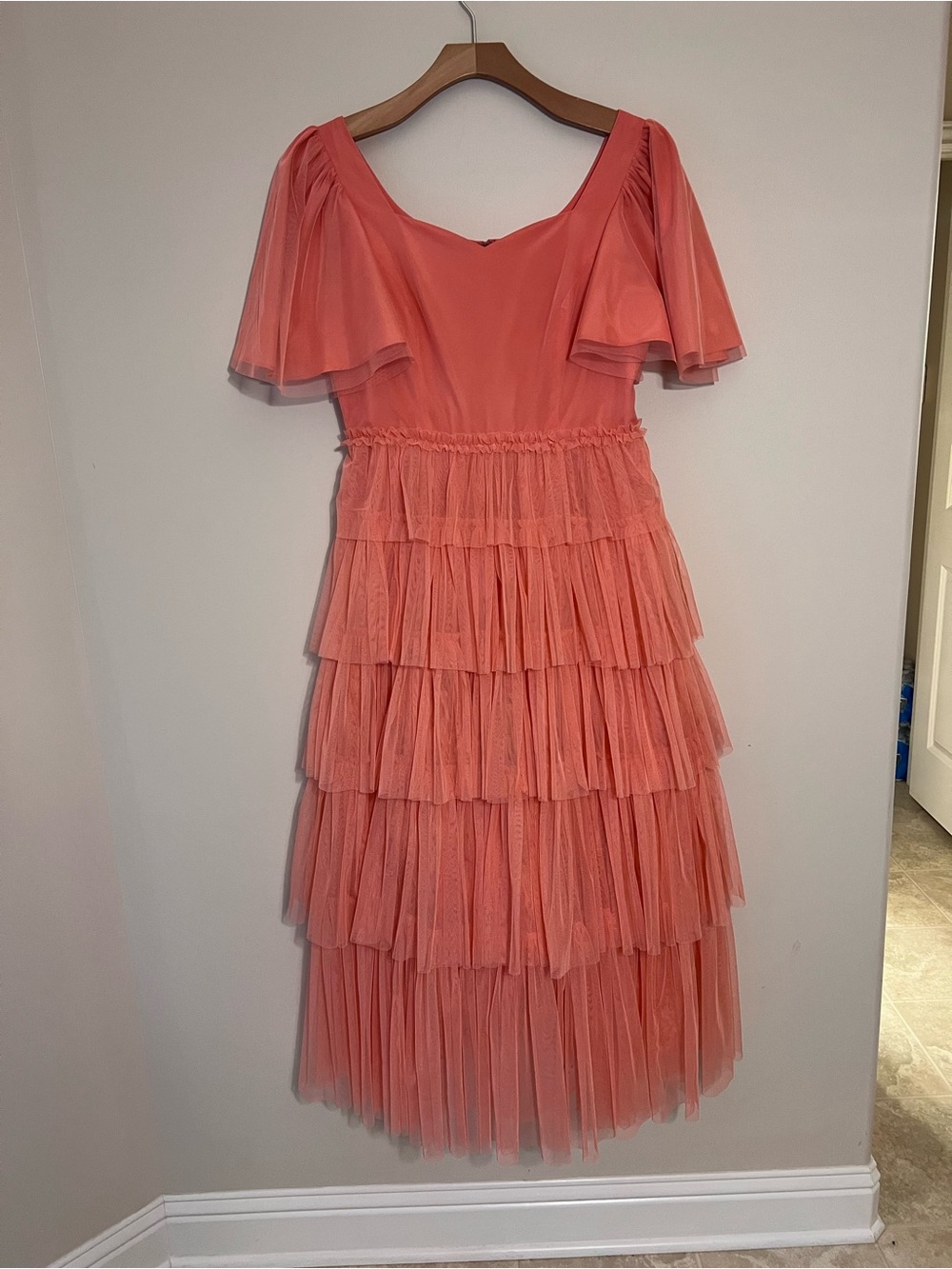 JessaKae Coral Tiered Midi Dress with Flutter Sleeves